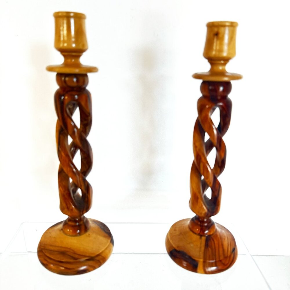 Pair or Bethlehem Olive Wood Spiral Candlesticks Handcarved Taper Candle Holders